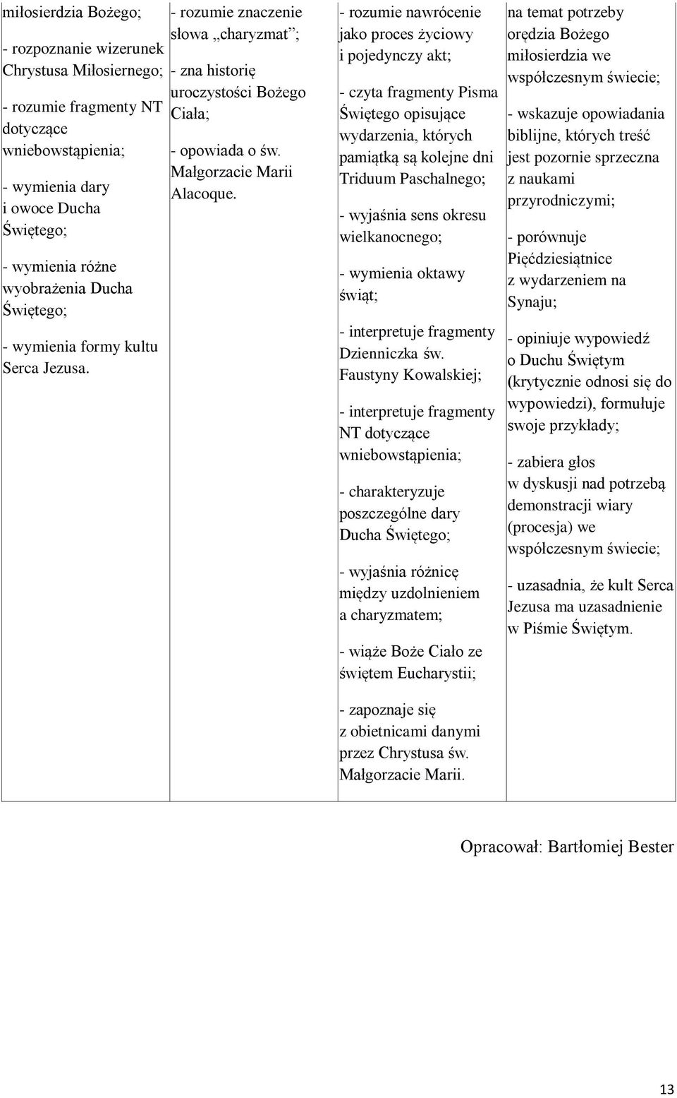 - rozumie nawrócenie jako proces życiowy i pojedynczy akt; - czyta fragmenty Pisma Świętego opisujące wydarzenia, których pamiątką są kolejne dni Triduum Paschalnego; - wyjaśnia sens okresu