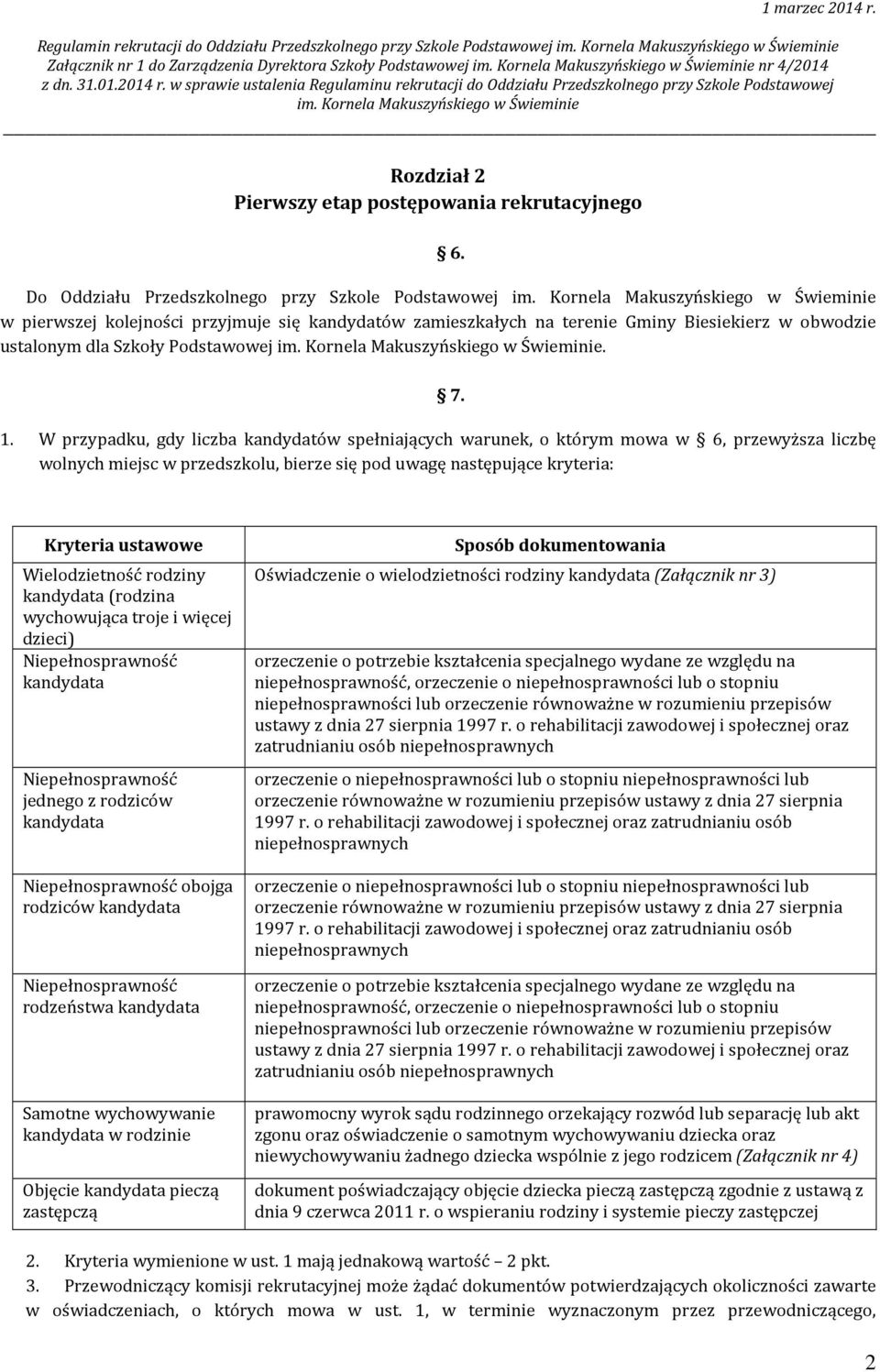 W przypadku, gdy liczba kandydatów spełniających warunek, o którym mowa w 6, przewyższa liczbę wolnych miejsc w przedszkolu, bierze się pod uwagę następujące kryteria: Kryteria ustawowe