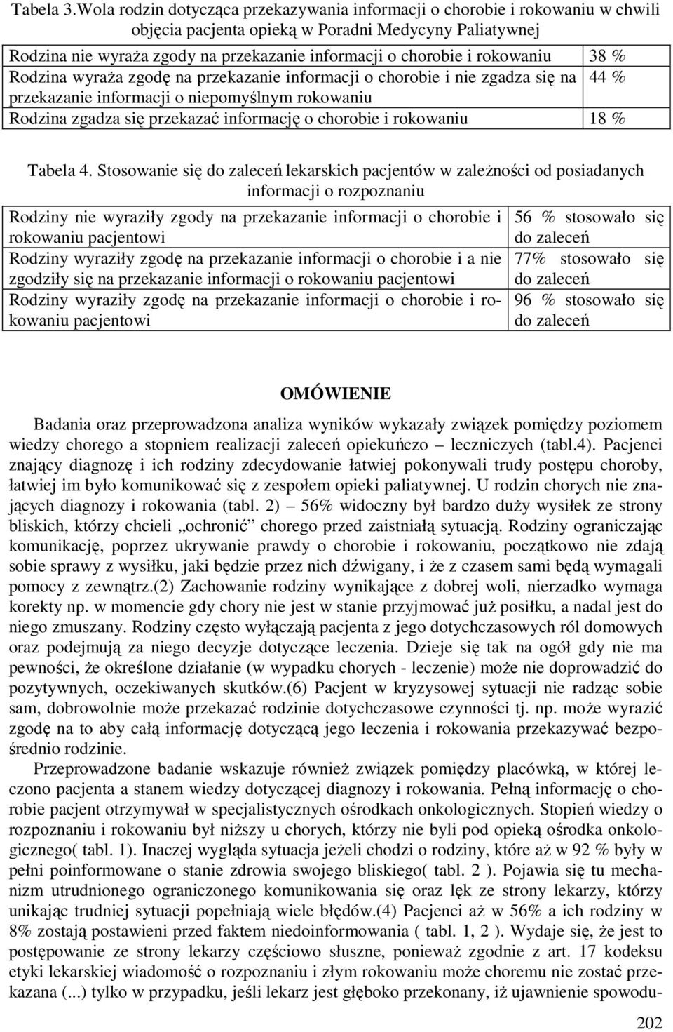 rokowaniu 38 % Rodzina wyraża zgodę na przekazanie informacji o chorobie i nie zgadza się na 44 % przekazanie informacji o niepomyślnym rokowaniu Rodzina zgadza się przekazać informację o chorobie i