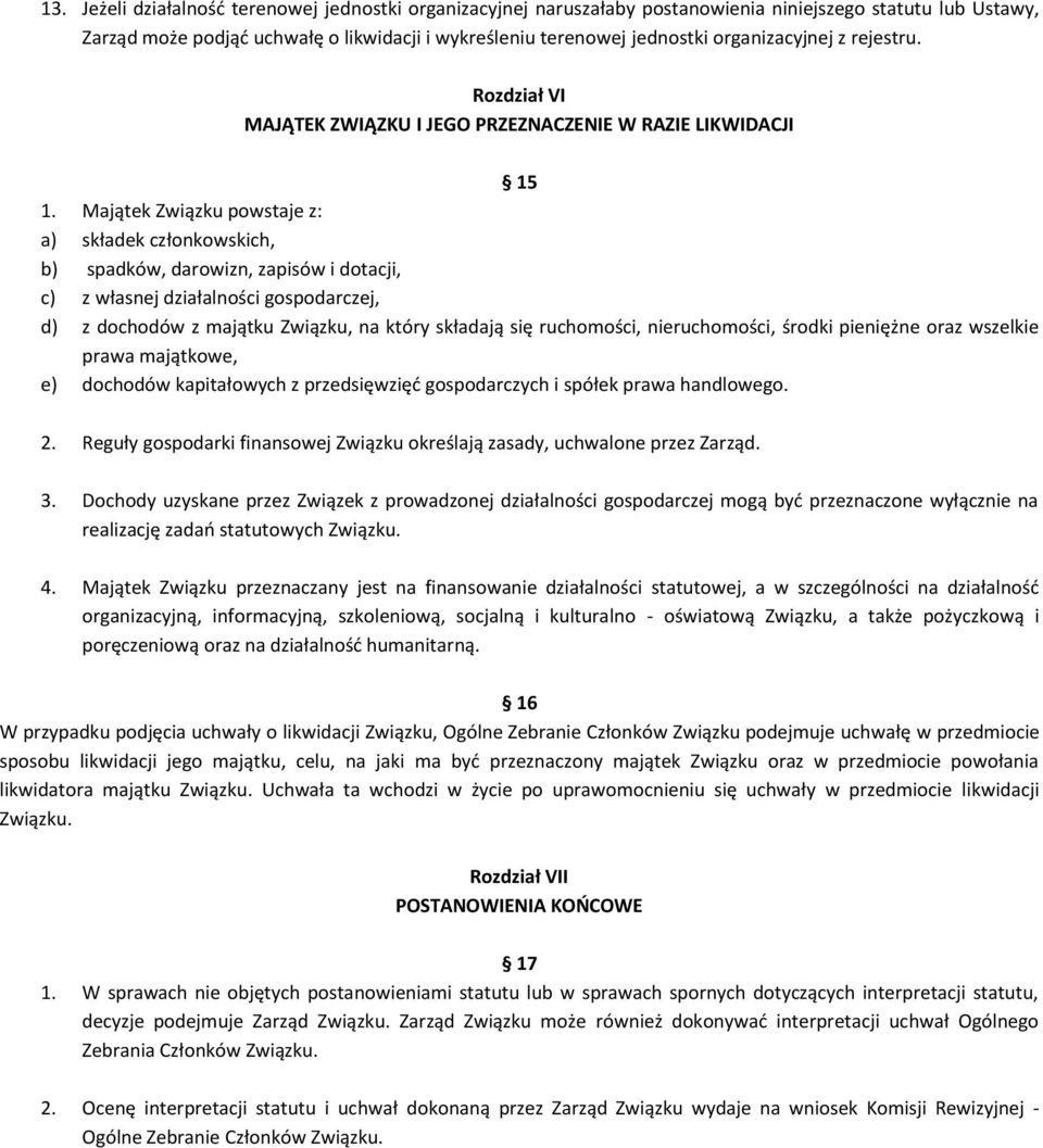 Majątek Związku powstaje z: a) składek członkowskich, b) spadków, darowizn, zapisów i dotacji, c) z własnej działalności gospodarczej, d) z dochodów z majątku Związku, na który składają się