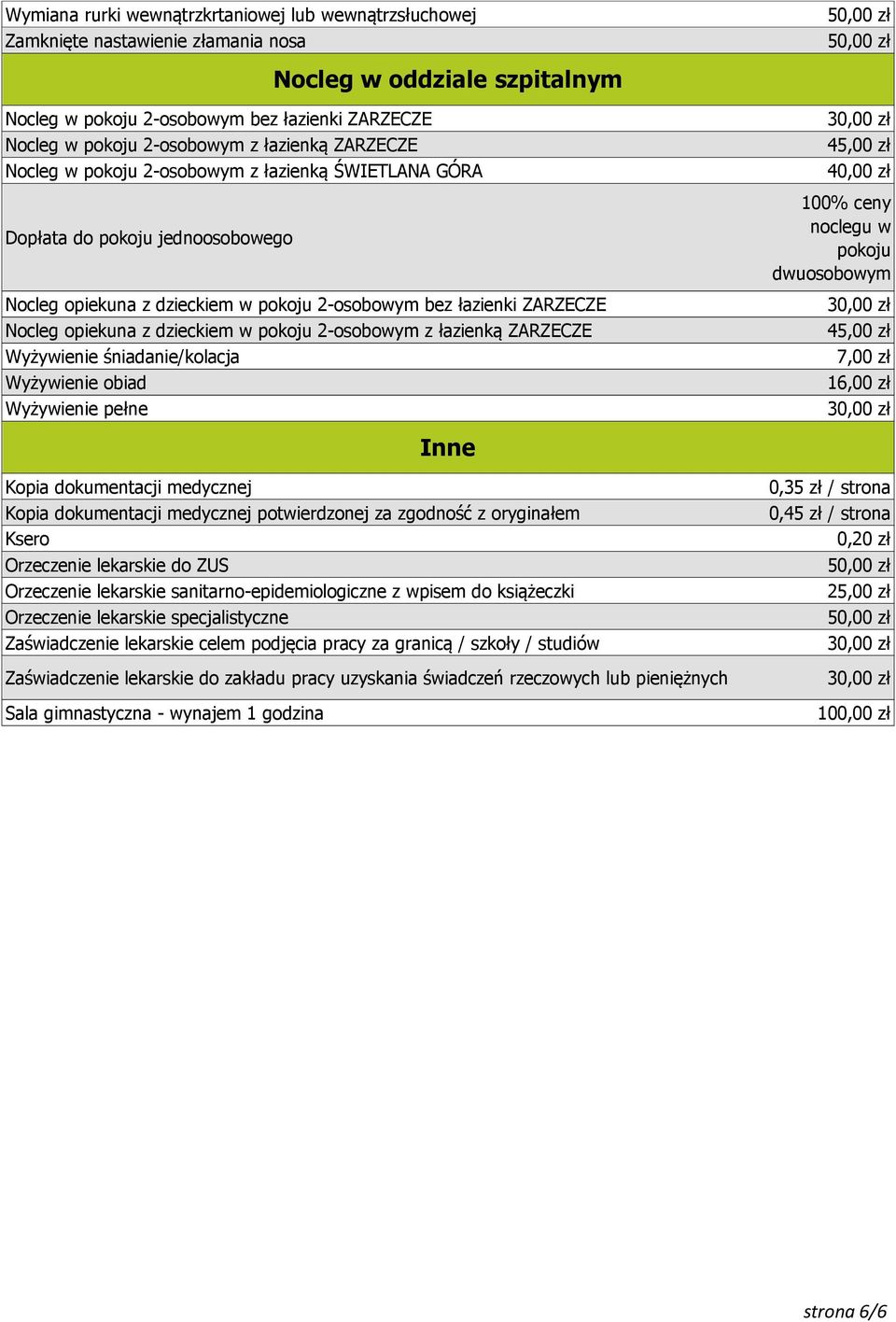 dzieckiem w pokoju 2-osobowym z łazienką ZARZECZE Wyżywienie śniadanie/kolacja Wyżywienie obiad Wyżywienie pełne 45,00 zł 100% ceny noclegu w pokoju dwuosobowym 45,00 zł 1 Inne Kopia dokumentacji