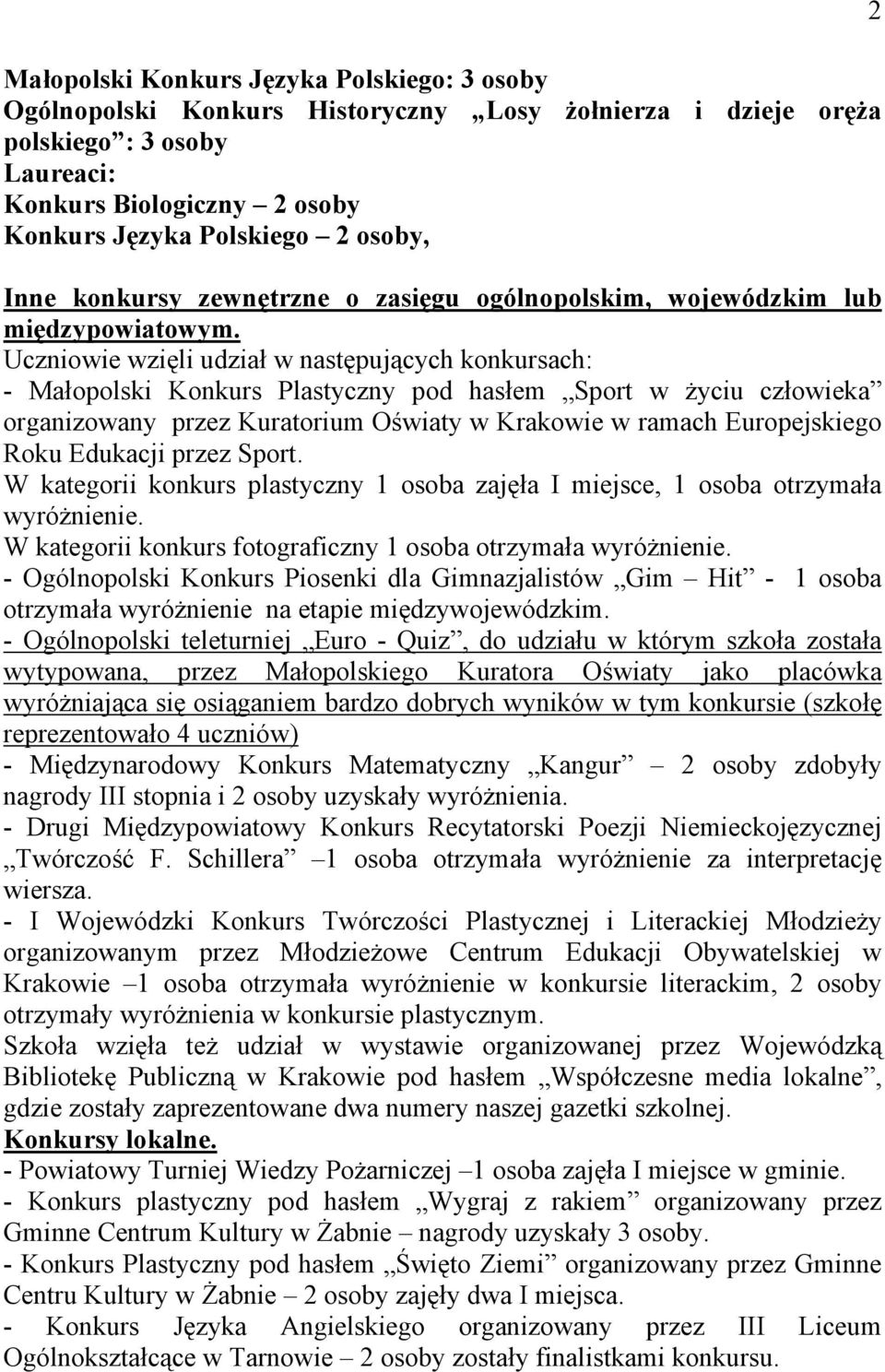 Uczniowie wzięli udział w następujących konkursach: - Małopolski Konkurs Plastyczny pod hasłem Sport w życiu człowieka organizowany przez Kuratorium Oświaty w Krakowie w ramach Europejskiego Roku