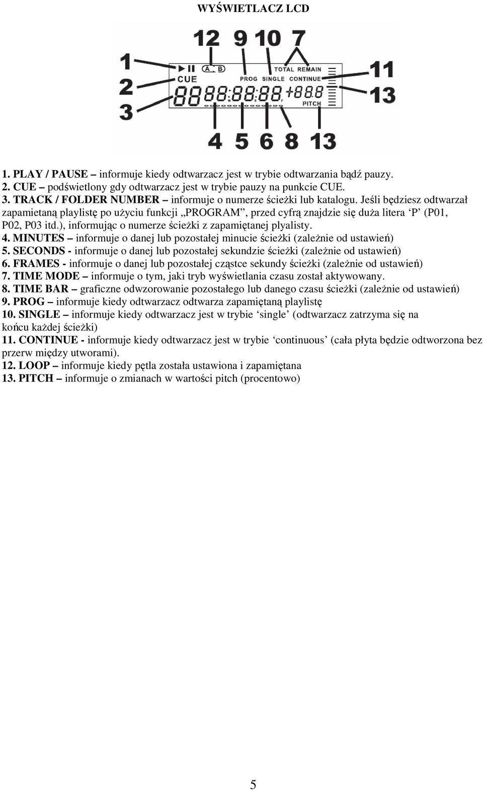 ), informując o numerze ścieżki z zapamiętanej plyalisty. 4. MINUTES informuje o danej lub pozostałej minucie ścieżki (zależnie od ustawień) 5.