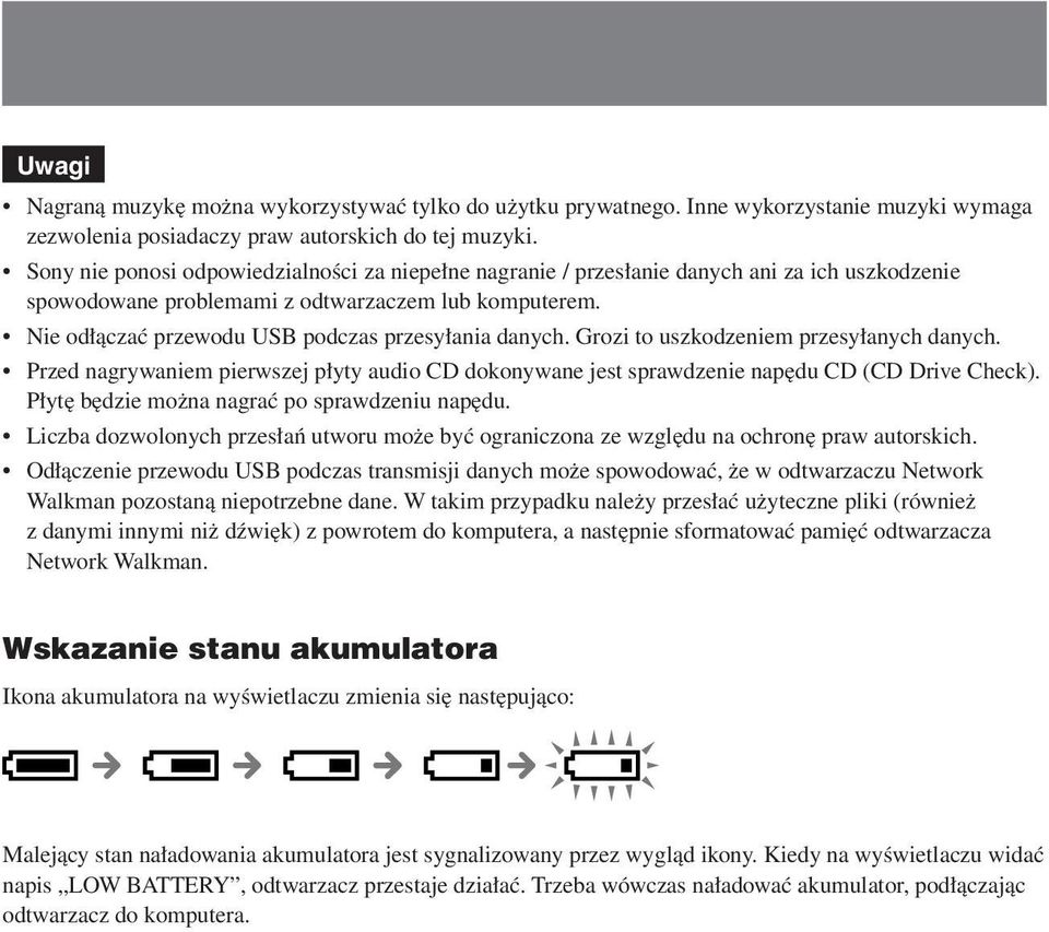 Nie odłączać przewodu USB podczas przesyłania danych. Grozi to uszkodzeniem przesyłanych danych. Przed nagrywaniem pierwszej płyty audio CD dokonywane jest sprawdzenie napędu CD (CD Drive Check).