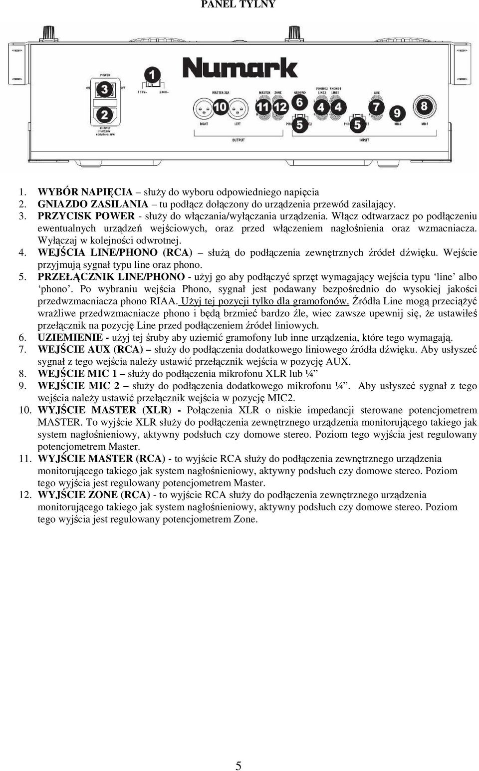 Wyłączaj w kolejności odwrotnej. 4. WEJŚCIA LINE/PHONO (RCA) służą do podłączenia zewnętrznych źródeł dźwięku. Wejście przyjmują sygnał typu line oraz phono. 5.