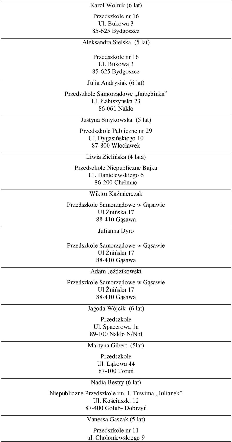 Dygasińskiego 10 87-800 Włocławek Liwia Zielińska (4 lata) Niepubliczne Bajka Ul.