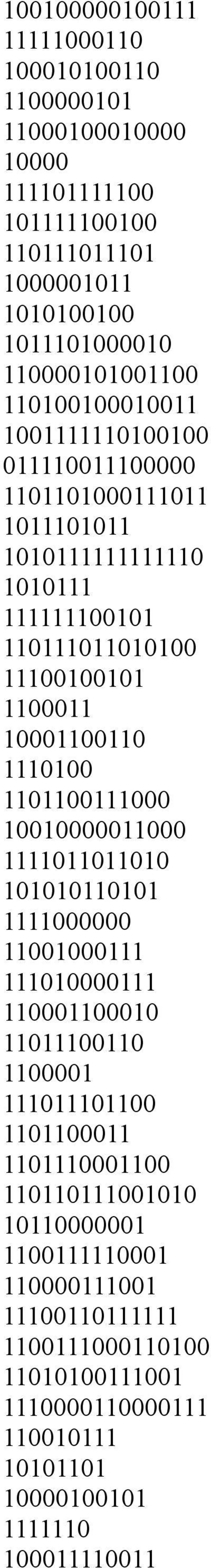 1110100 1101100111000 10010000011000 1111011011010 101010110101 1111000000 11001000111 111010000111 110001100010 11011100110 1100001 111011101100 1101100011