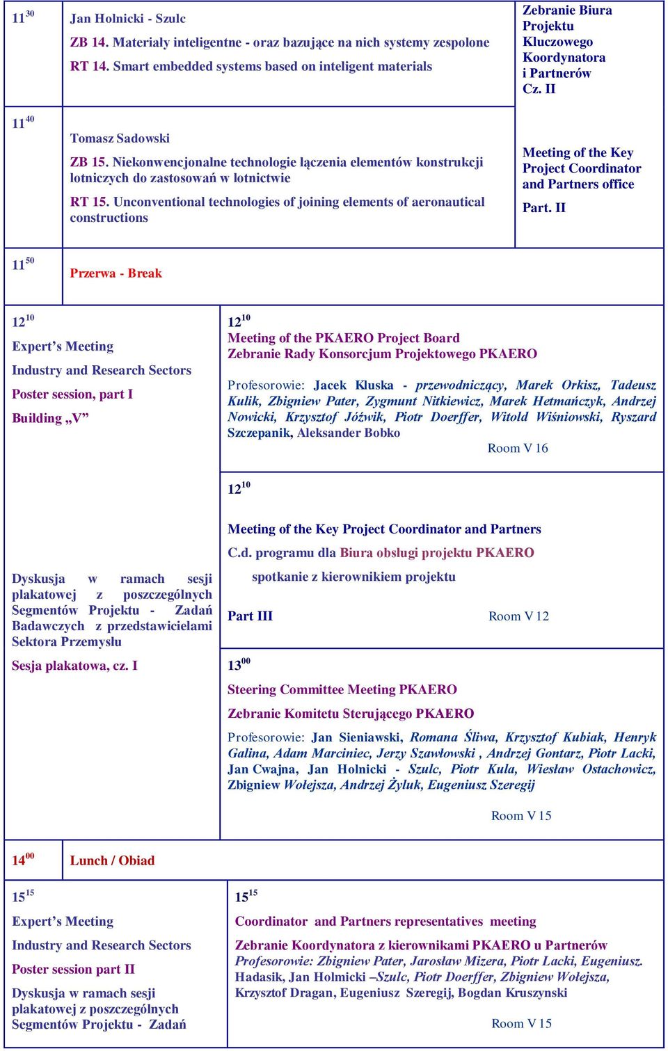 II 11 50 Przerwa - Break 12 10 Industry and Research Sectors Poster session, part I Building V 12 10 Meeting of the PKAERO Project Board Zebranie Rady Konsorcjum Projektowego PKAERO Profesorowie: