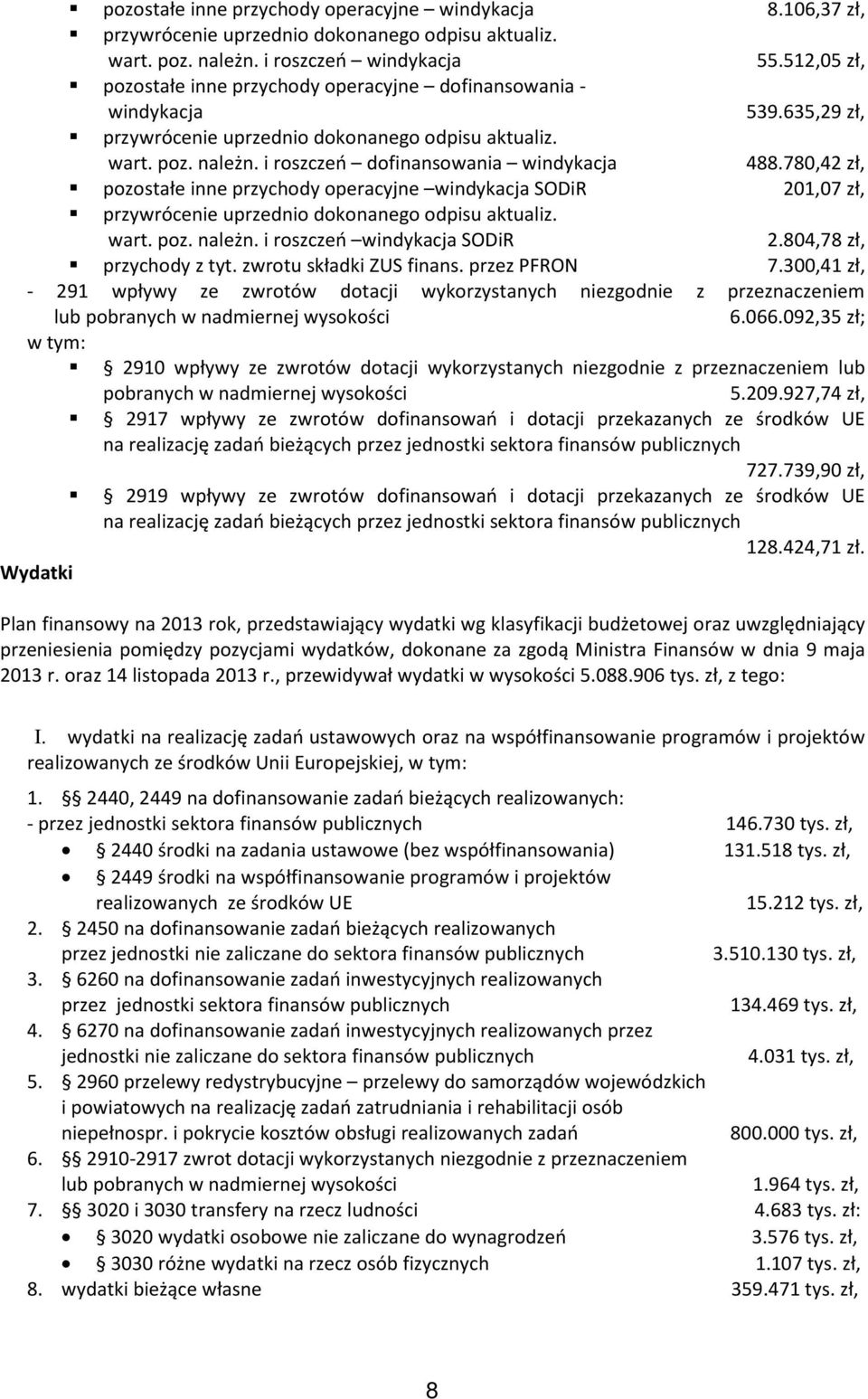i roszczeń dofinansowania windykacja 488.780,42 zł, pozostałe inne przychody operacyjne windykacja SODiR 201,07 zł, przywrócenie uprzednio dokonanego odpisu aktualiz. wart. poz. należn.