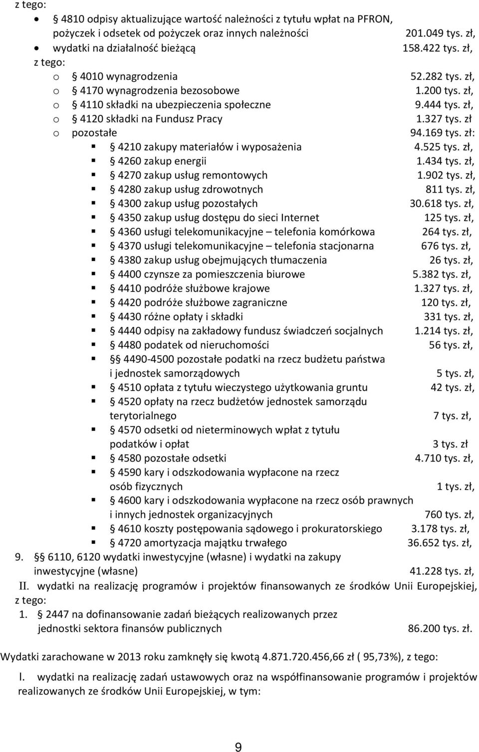 zł o pozostałe 94.169 tys. zł: 4210 zakupy materiałów i wyposażenia 4.525 tys. zł, 4260 zakup energii 1.434 tys. zł, 4270 zakup usług remontowych 1.902 tys. zł, 4280 zakup usług zdrowotnych 811 tys.