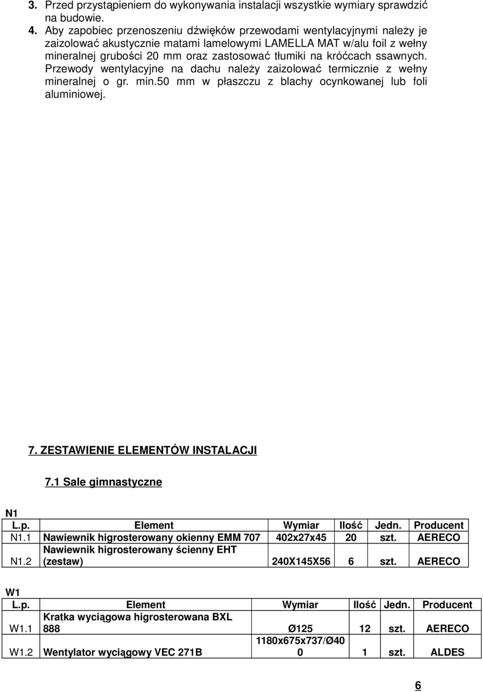 króćcach ssawnych. Przewody wentylacyjne na dachu naleŝy zaizolować termicznie z wełny mineralnej o gr. min.50 mm w płaszczu z blachy ocynkowanej lub foli aluminiowej. 7.