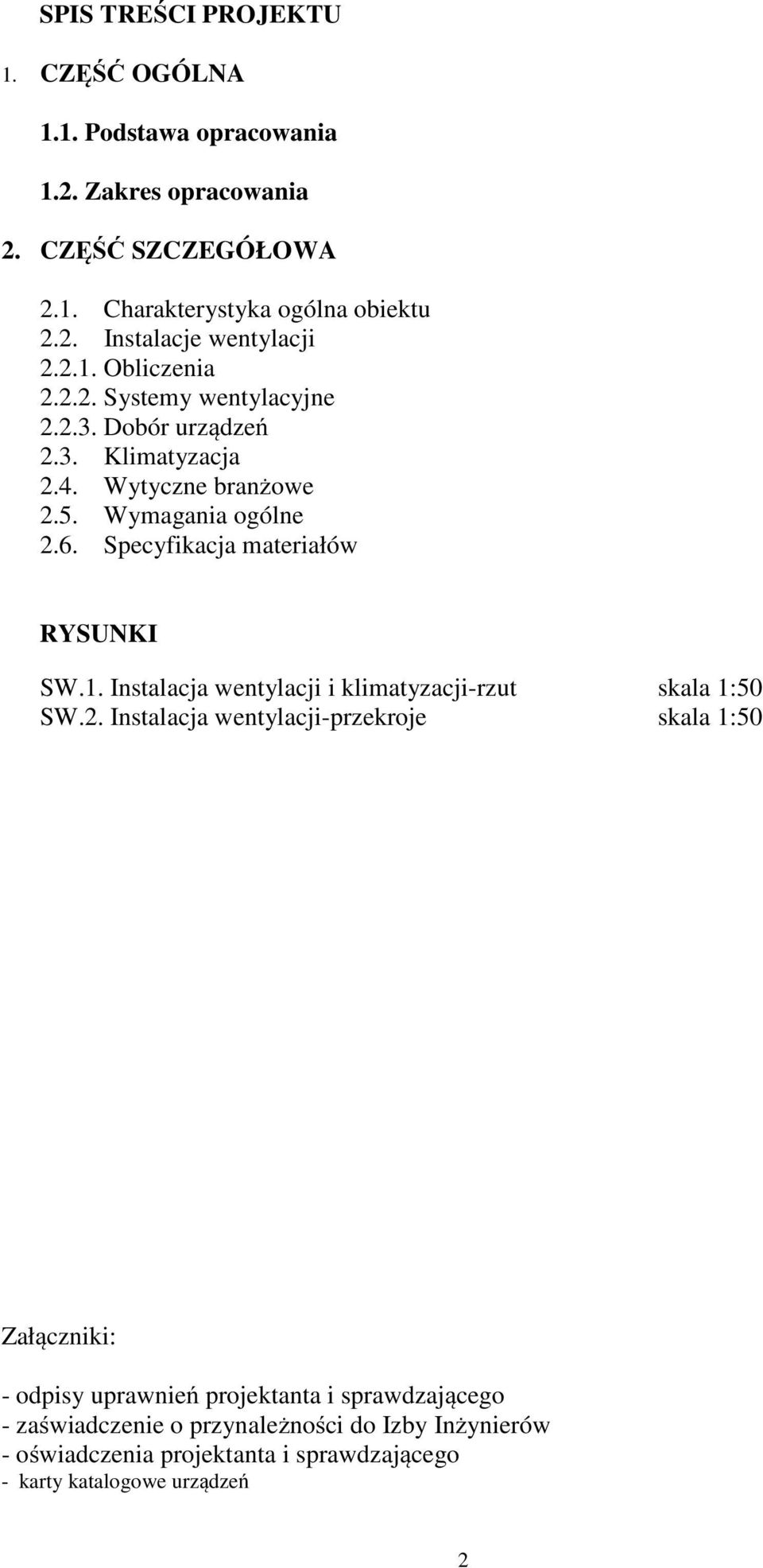 Specyfikacja materiałów RYSUNKI SW.1. Instalacja wentylacji i klimatyzacji-rzut skala 1:50 SW.2.