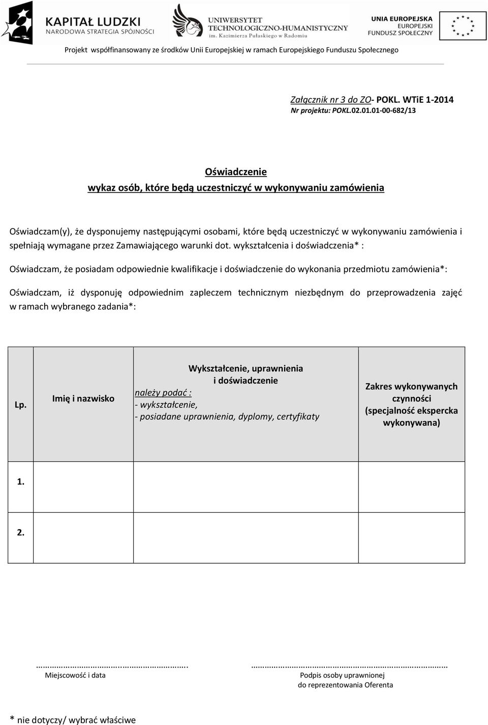 01-00-682/13 Oświadczenie wykaz osób, które będą uczestniczyć w wykonywaniu zamówienia Oświadczam(y), że dysponujemy następującymi osobami, które będą uczestniczyć w wykonywaniu zamówienia i