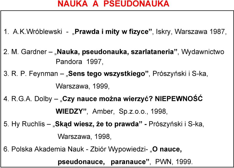 ndora 1997, 3. R. P. Feynman Sens tego wszystkiego, Prószyński i S-ka, Warszawa, 1999, 4. R.G.A.