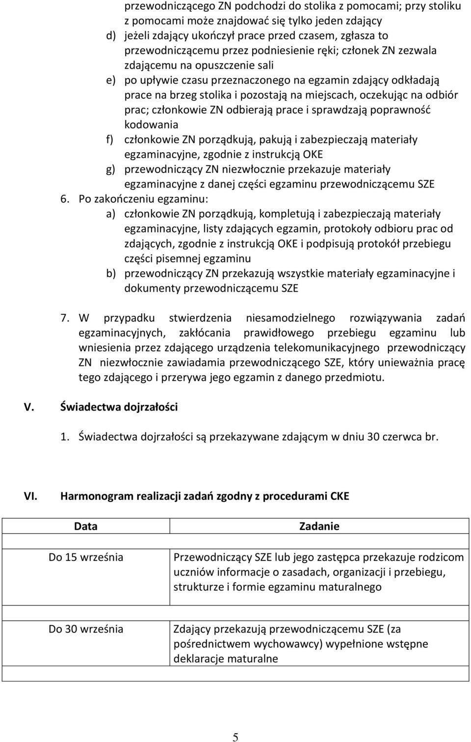 odbiór prac; członkowie ZN odbierają prace i sprawdzają poprawność kodowania f) członkowie ZN porządkują, pakują i zabezpieczają materiały egzaminacyjne, zgodnie z instrukcją OKE g) przewodniczący ZN