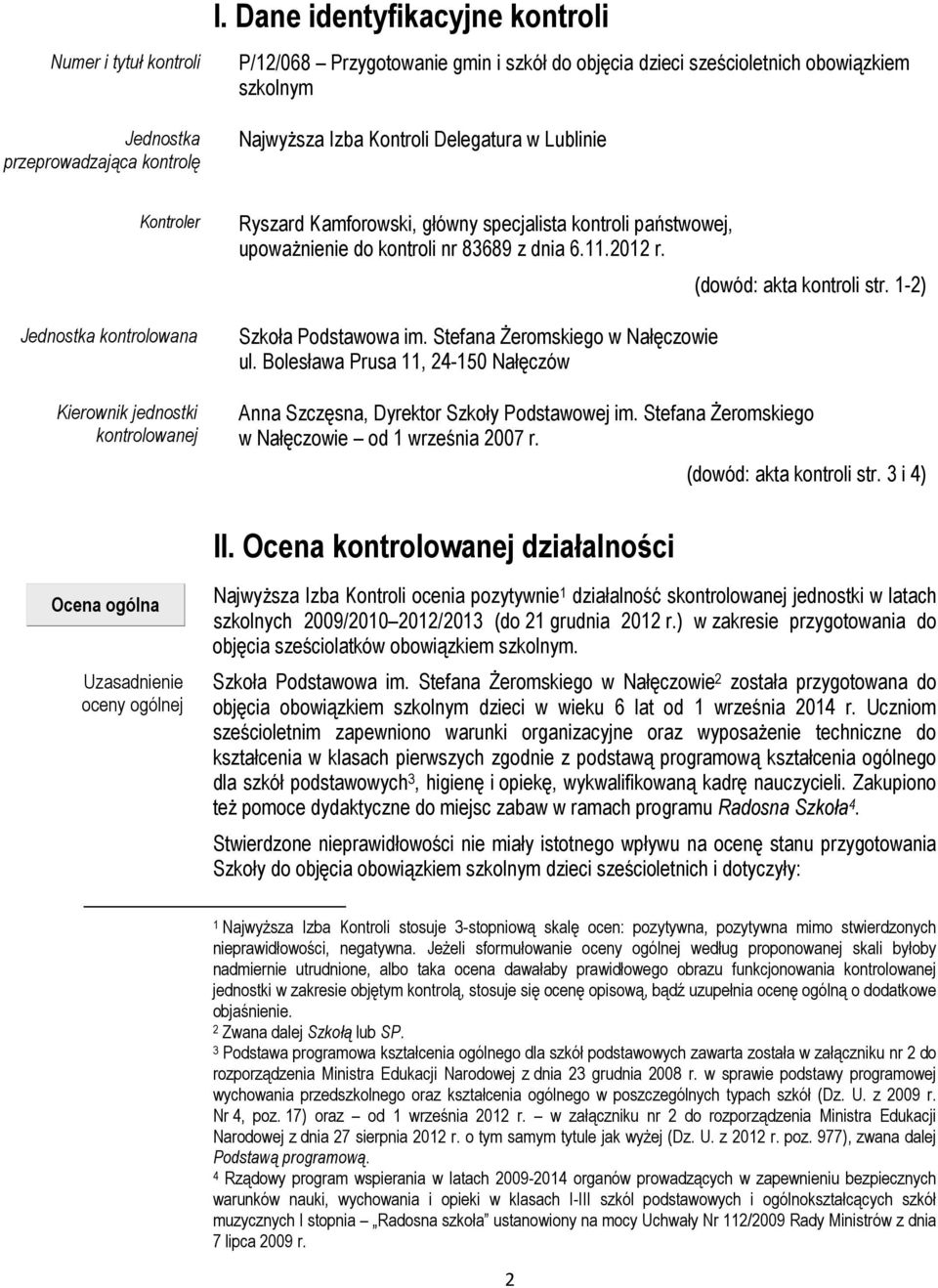 Kierownik jednostki kontrolowanej Ryszard Kamforowski, główny specjalista kontroli państwowej, upoważnienie do kontroli nr 83689 z dnia 6.11.2012 r. Szkoła Podstawowa im.