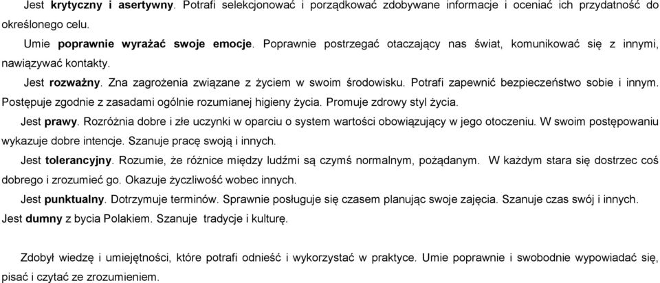 Potrafi zapewnić bezpieczeństwo sobie i innym. Postępuje zgodnie z zasadami ogólnie rozumianej higieny życia. Promuje zdrowy styl życia. Jest prawy.