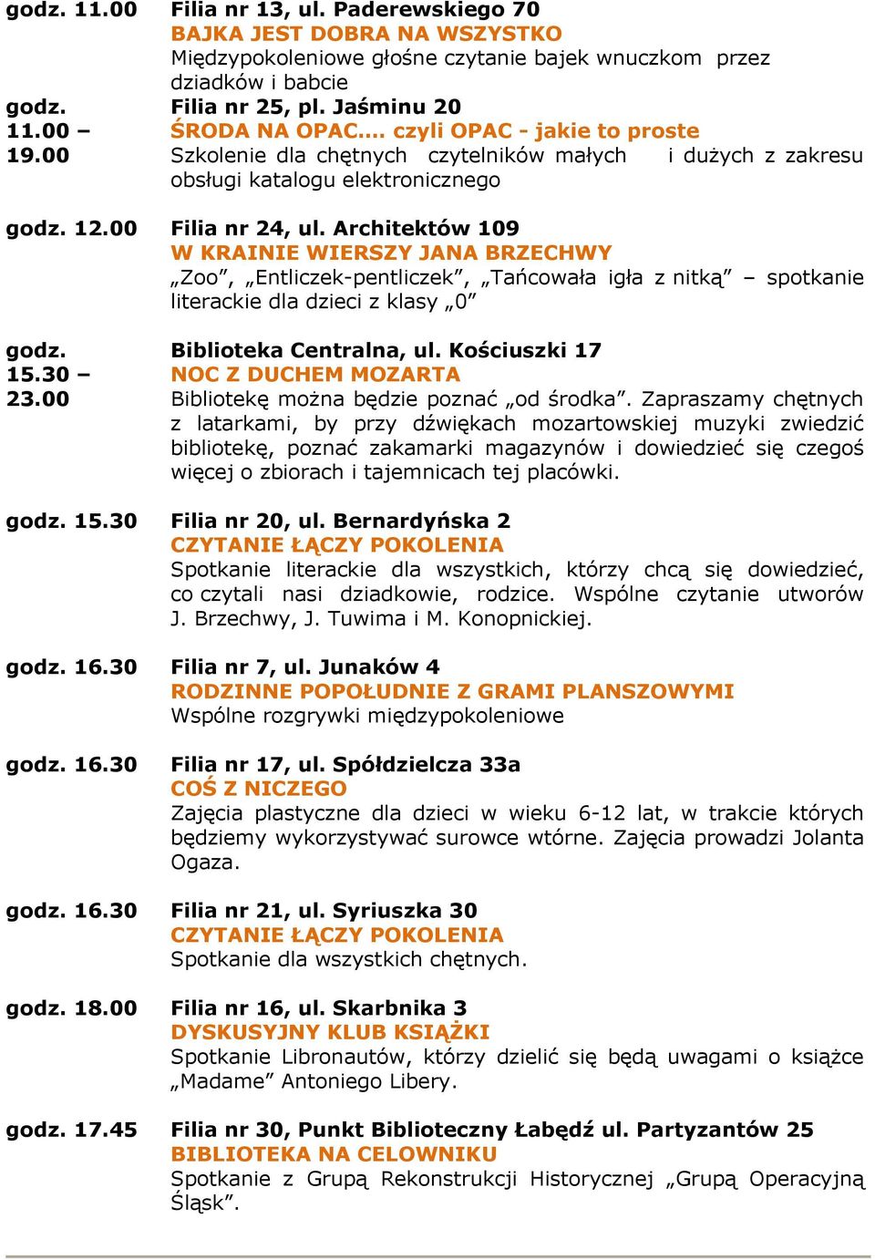Architektów 109 W KRAINIE WIERSZY JANA BRZECHWY Zoo, Entliczek-pentliczek, Tańcowała igła z nitką spotkanie literackie dla dzieci z klasy 0 godz. 15.30 23.00 Biblioteka Centralna, ul.