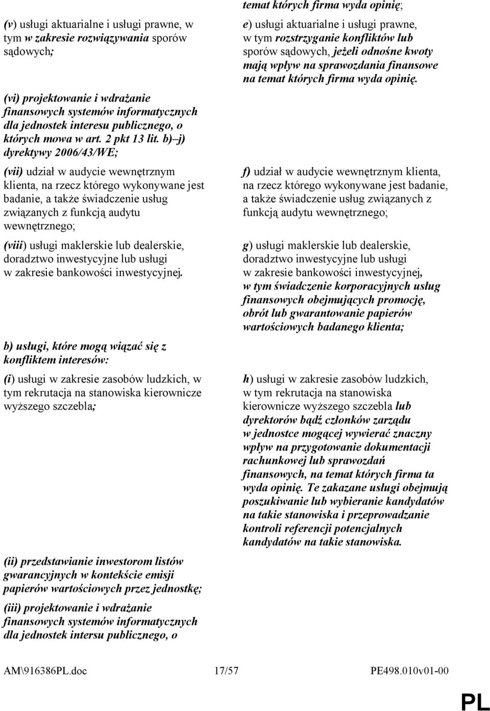 b) j) dyrektywy 2006/43/WE; (vii) udział w audycie wewnętrznym klienta, na rzecz którego wykonywane jest badanie, a także świadczenie usług związanych z funkcją audytu wewnętrznego; (viii) usługi