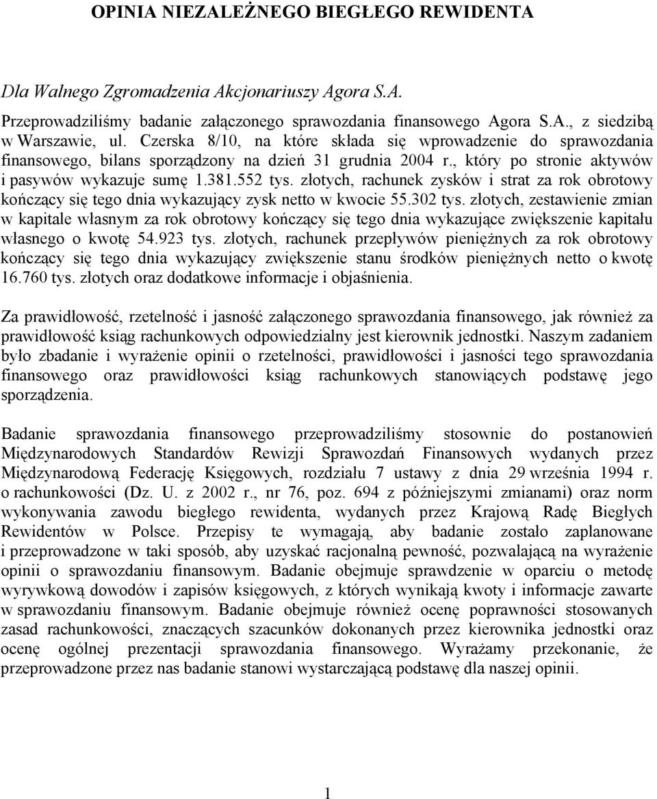 złotych, rachunek zysków i strat za rok obrotowy kończący się tego dnia wykazujący zysk netto w kwocie 55.302 tys.