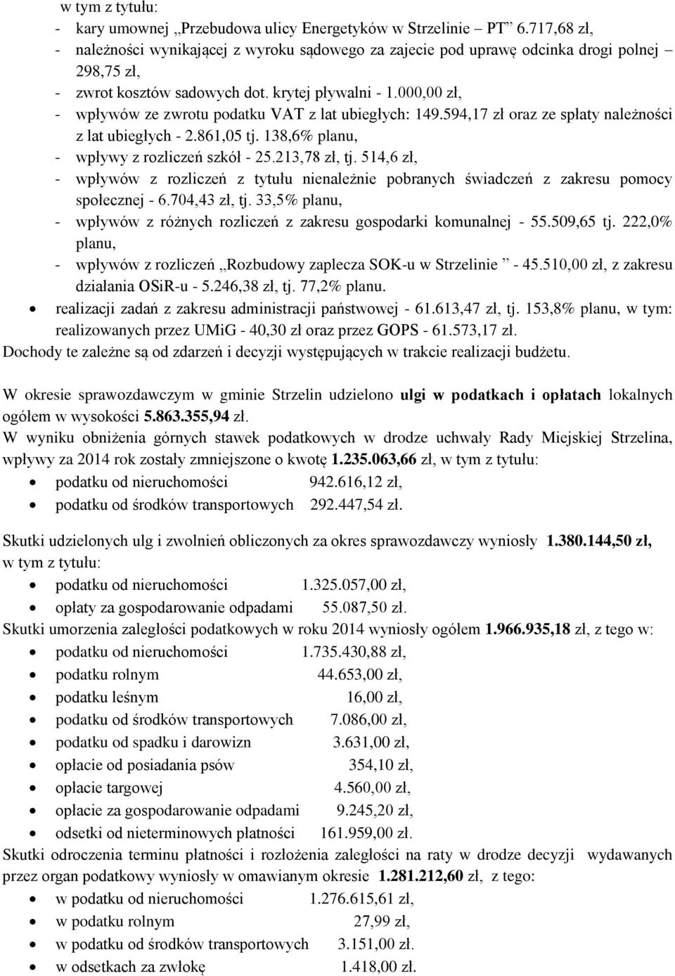 000,00 zł, - wpływów ze zwrotu podatku VAT z lat ubiegłych: 149.594,17 zł oraz ze spłaty należności z lat ubiegłych - 2.861,05 tj. 138,6% planu, - wpływy z rozliczeń szkół - 25.213,78 zł, tj.