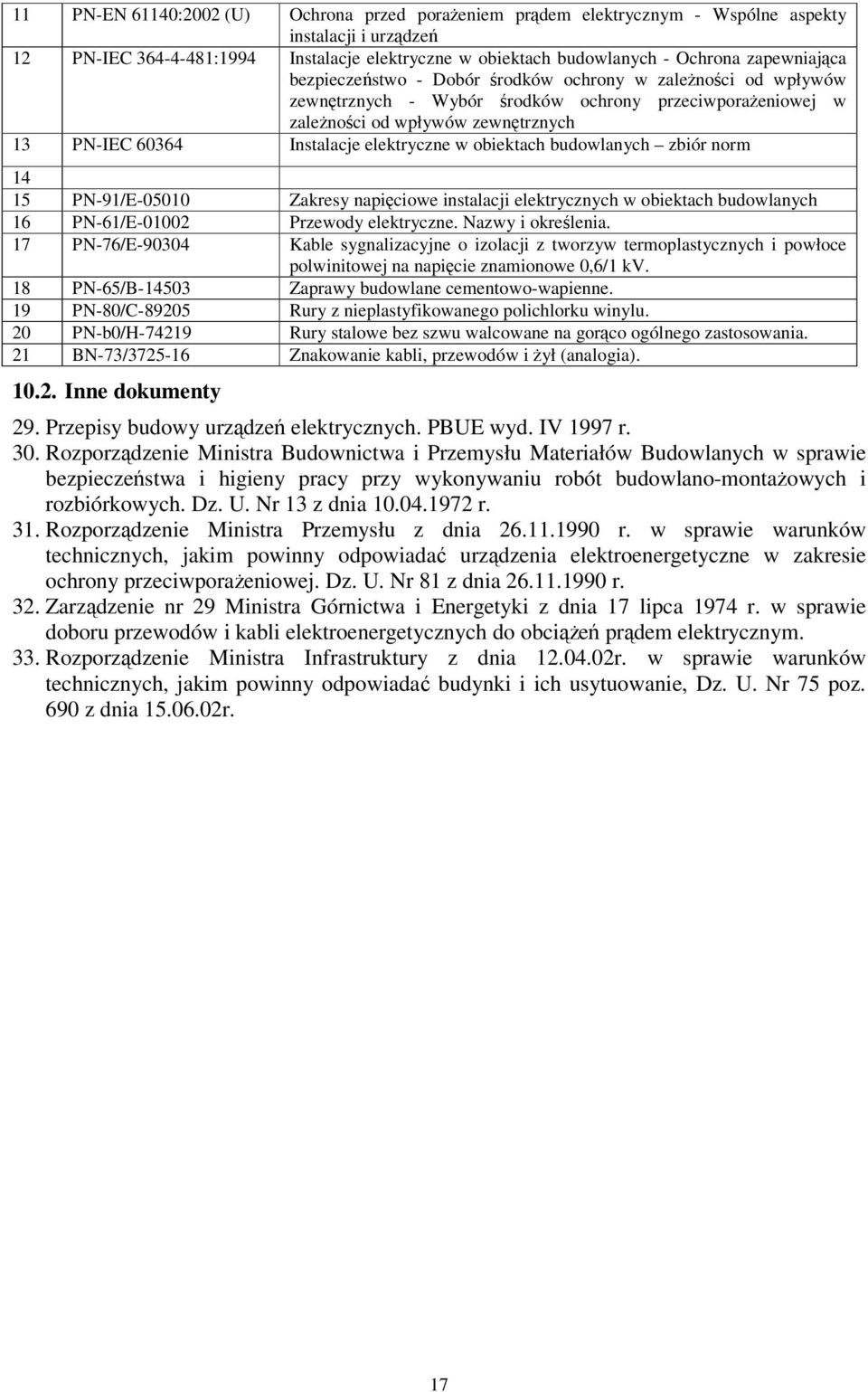 elektryczne w obiektach budowlanych zbiór norm 14 15 PN-91/E-05010 Zakresy napięciowe instalacji elektrycznych w obiektach budowlanych 16 PN-61/E-01002 Przewody elektryczne. Nazwy i określenia.