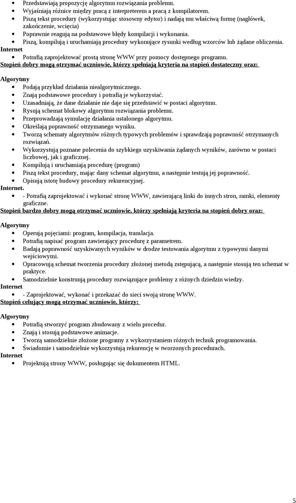 Piszą, kompilują i uruchamiają procedury wykonujące rysunki według wzorców lub żądane obliczenia. Potrafią zaprojektować prostą stronę WWW przy pomocy dostępnego programu.