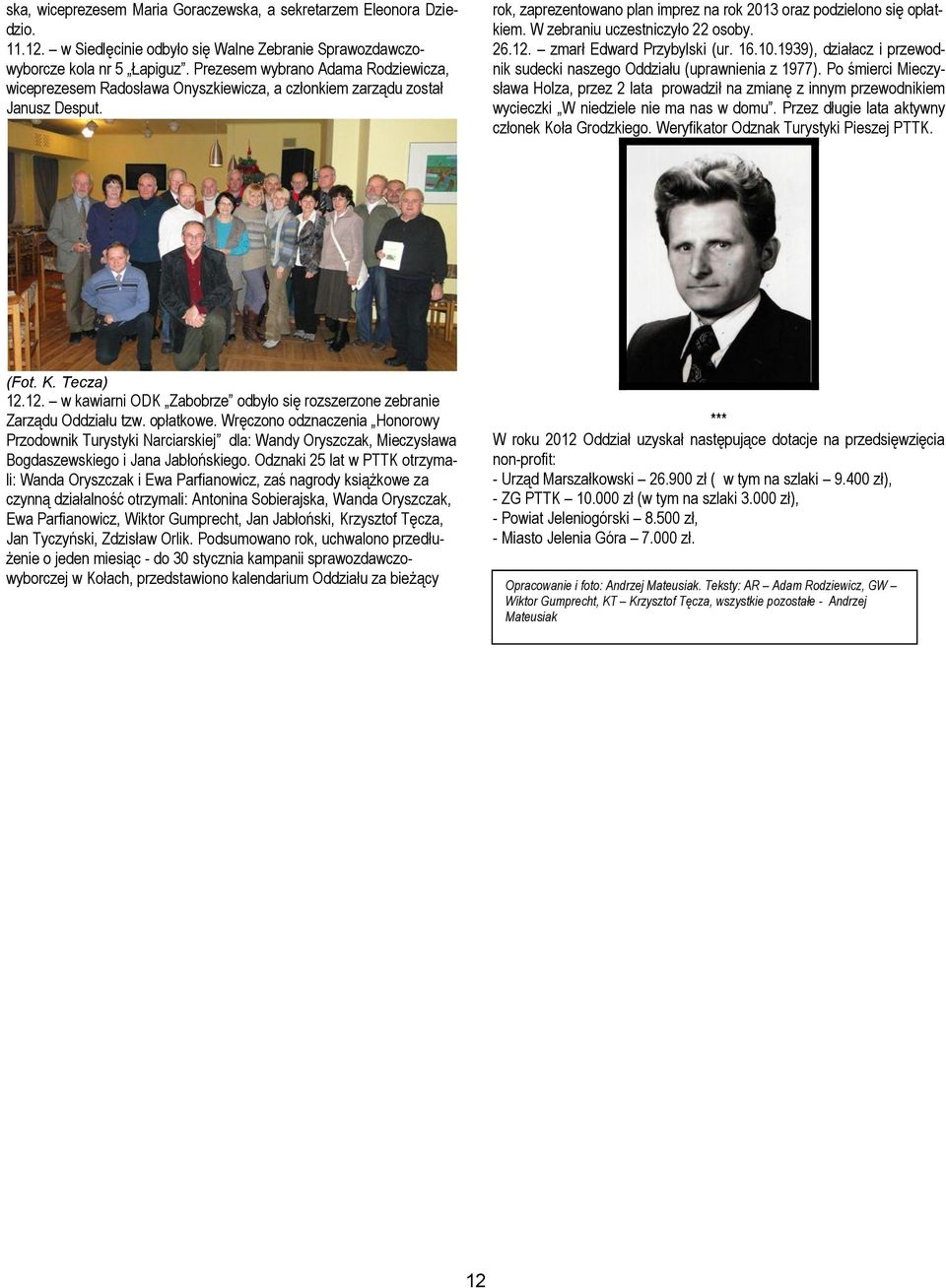 W zebraniu uczestniczyło 22 osoby. 26.12. zmarł Edward Przybylski (ur. 16.10.1939), działacz i przewodnik sudecki naszego Oddziału (uprawnienia z 1977).