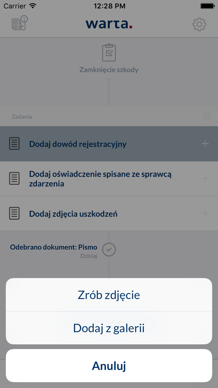 17 Wykonanie zdjęć dokumentu W celu wykonania zdjęć dokumentu należy stuknąć w odpowiednie zadanie na ekranie głównym, a