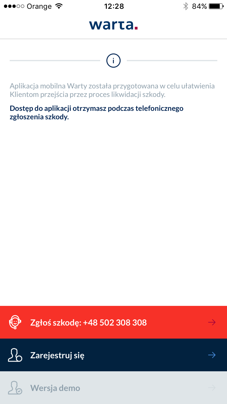 2 Ekran powitalny po uruchomieniu aplikacji Ekran daje następujące opcje do wyboru: możliwość zgłoszenia szkody kanałem telefonicznym, możliwość rejestracji w aplikacji w celu