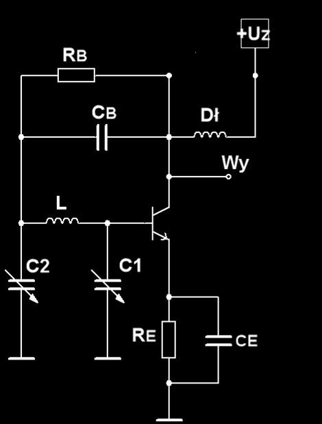 Generator Colpittsa W generatorze Colpittsa zastosowano tranzystor NPN z polaryzacj bazy i ujemnym sprz eniem zwrotnym dla składowej stałej (R E ) Rezystory R B i R E ustalaj punkt pracy tranzystora.