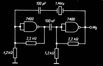 Generator kwarcowy na bramkach Układ generatora przebiegów w prostok tnych stabilizowany kwarcem zbudowany na bramkach TTL.