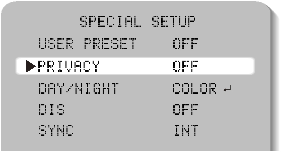PRESET SAVE: Zapis presetów. PRESET CLEAR: Usunięcie presetu. END: Powrót do menu SPECIAL SETUP. PRIVACY: Ustawienia masek prywatności. GROUP SEL: Choose up to eight groups.