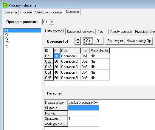 Struktury procesów Procesy złożone wytypowane do łącznego harmonogramowania przedstawiane są w postaci struktur procesów. W zakładce struktury procesów nadawane mogą być relacje między procesami.