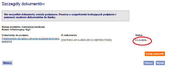 Na ekranie nad treścią dokumentu znajduje się informacja o jego numerze ID oraz informacja o tym jakie podpisy są wymagane. Uwaga!