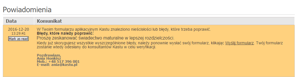 3. Wysyłanie formularza Po wypełnieniu formularza i zapisaniu go, należy wrócić do listy wybranych kierunków przy użyciu przycisku wypełniony.