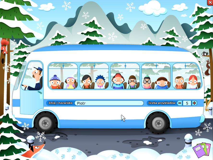 Wybór gracza (dotyczy wyłącznie gry Alpinista") Na tym ekranie gracz wybiera sobie postać, klikając w jedno z dzieci znajdujących się w autobusie.