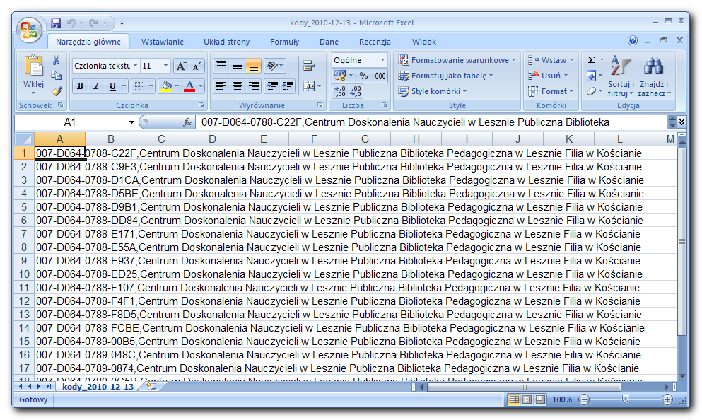 Przykładowy fragment listy zapisanej w pliku CSV: Podgląd wygenerowanych kodów
