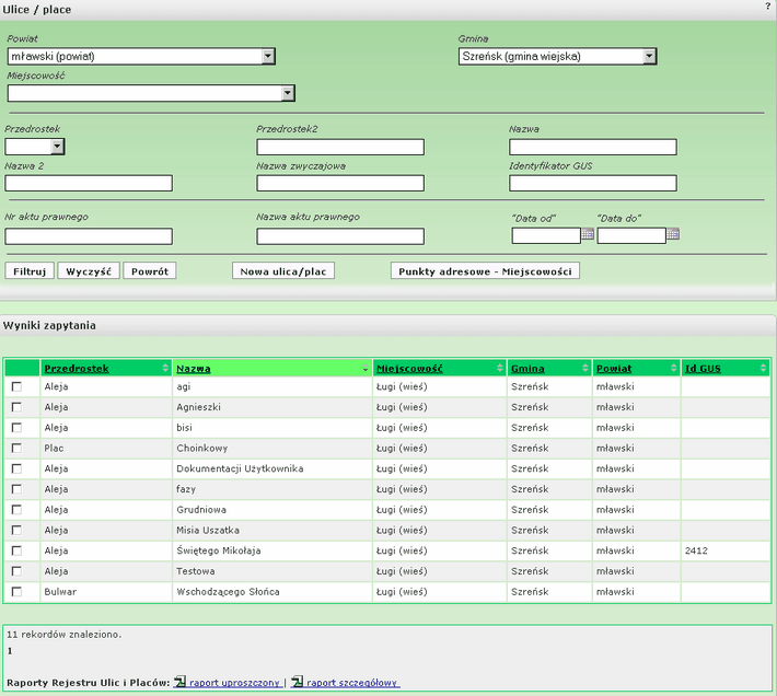 Moduł Rejestrów 16 rys. 1-17 Klikając na nazwy kolumn w tabeli z wynikami zapytania użytkownik ma możliwość sortowania wyszukanych rekordów.
