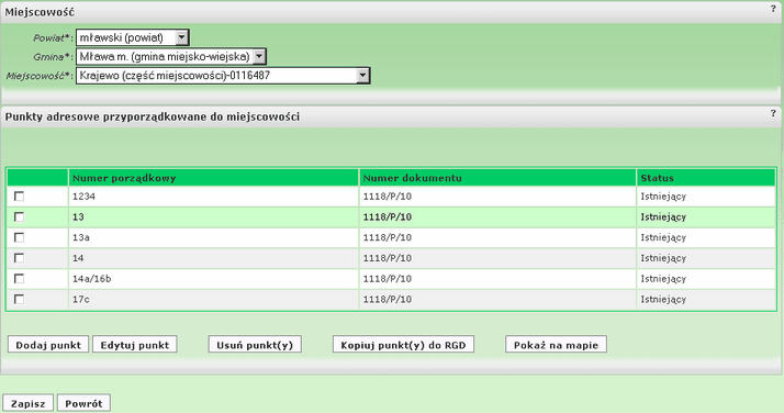 17 1.1.6 Mazowiecki System Informacji Przestrzennej - Moduł Rejestrów Punkty adresowe - Miejscowości Po naciśnięciu przycisku Punkty adresowe - Miejscowości (patrz rys.