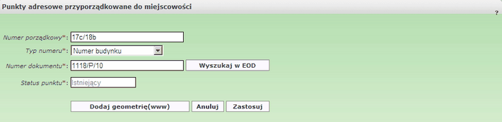 19 Mazowiecki System Informacji Przestrzennej - Moduł Rejestrów Numer działki Numer dokumentu - pole obowiązkowe, w którym należy podać numer dokumentu, na podstawie którego powstał punkt adresowy.