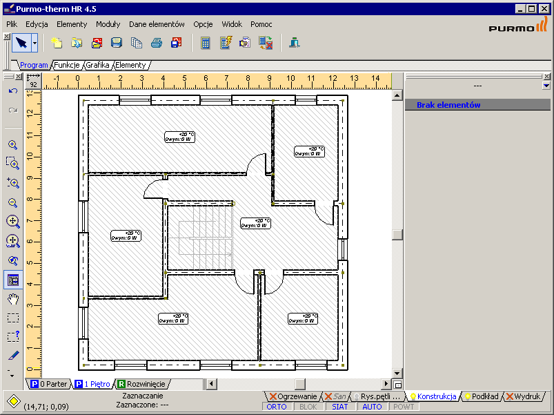 Lekcja 3 - Purmo-therm HR 4.5 + Purmo-OZC 4.5 13.Powtarzamy kroki 1-8 jak opisano powyżej. 4.4. Uzupełnienie danych pomieszczeń Po zaimportowaniu i interpretacji rzutów dysponujemy obrazem konstrukcji budynku, w której program wyróżnił poszczególne pomieszczenia.