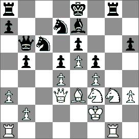 7.Gambit szkocki [C55] Hoen (Norwegia) Buskenström (Szwecja) 1.e4 e5 2.Sf3 Sc6 3.d4 ed4 4.Gc4 Sf6 5.e5 Se4 6.0 0 d5 7.Gb5 Gd7 8.Gc6 bc6 9.Sd4 Gc5 10.c3 0 0 11.f3 Sg5 12.f4 Se4 13.Sd2 Sd2 14.Gd2 f6 15.