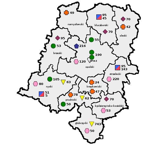 62 Mapa 12. Liczba miejsc w domach pomocy społecznej w woj. opolskim w 2015 r. wg typów DPS dla osób w podeszłym wieku 6 ( Krapkowice, Prudnik, Namysłów, Strzelce Op. Borki Wlk.