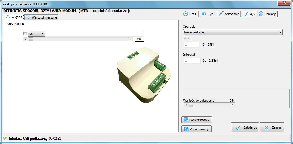 Programowanie modułu Rysunek 4. Zakładka inkrementacja. Zakładka inkrementuj +/- służy do regulacji napięcia wyjścia modułu. Umożliwia realizację płynnego ściemniania i rozjaśniania żarówek.