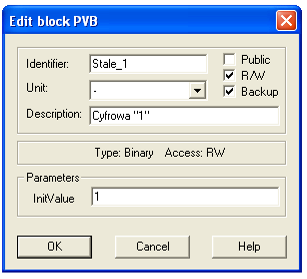 Edytując właściwości bloku (Edit) nadaje się mu nazwę (Identifier, bez cyfr, spacji, i polskich znaków), jednostki sygnału wejściowego (Unit) oraz opis (Description).
