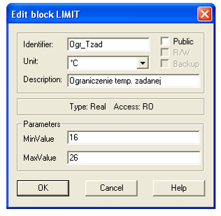 4.2 HYST - Binary Hysteresis Histereza z wyjściem cyfrowym wejście, HYST Activate Deactivate BINARY, wyjście Edytując właściwości bloku (Edit) nadaje się mu nazwę (Identifier, bez cyfr, spacji, i