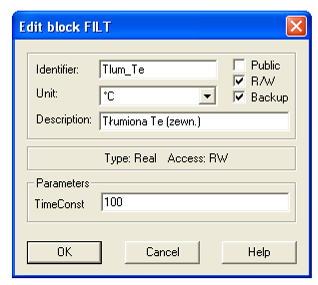 Parametryzacja bloku obejmuje podanie: wartości początkowej (InitValue) sygnału wyjściowego (l.całkowita). D - variable c - control 1 0 Output 6. Regulatory i filtry (Controllers and Filters) 6.