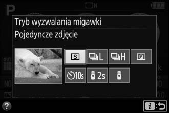 Przycisk I (E/#) Aby wybrać sposób wyzwalania migawki (tryb wyzwalania migawki), naciśnij przycisk I (E/#), a następnie użyj wybieraka wielofunkcyjnego w celu wyróżnienia żądanej opcji i naciśnij J.
