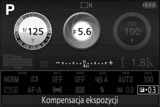 Kompensacja ekspozycji W trybach P, S, A, h i % kompensacja ekspozycji służy do modyfikowania wartości ekspozycji proponowanej przez aparat, umożliwiając rozjaśnianie i przyciemnianie zdjęć (0 116).